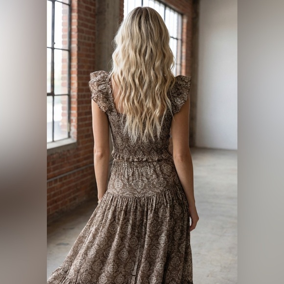 NWT Promesa Boho Floral Print Smocked Ruffle Sleeve Crop Top Cropped Brown - Picture 5 of 6